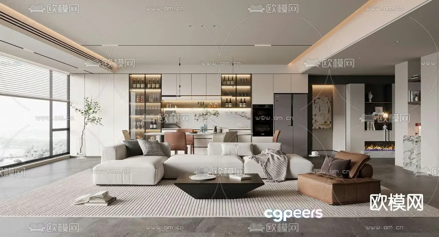 Modern living and dining room 3d model