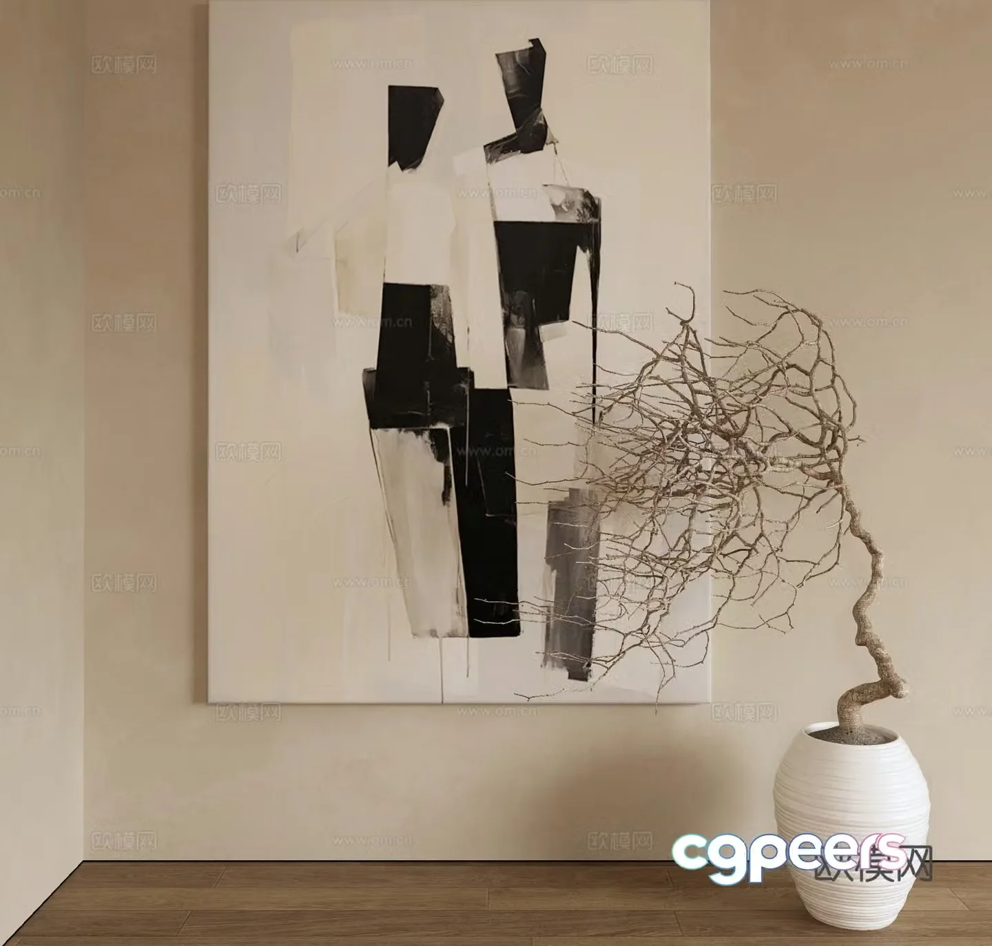 Modern decorative painting texture painting black and white painting 3d model
