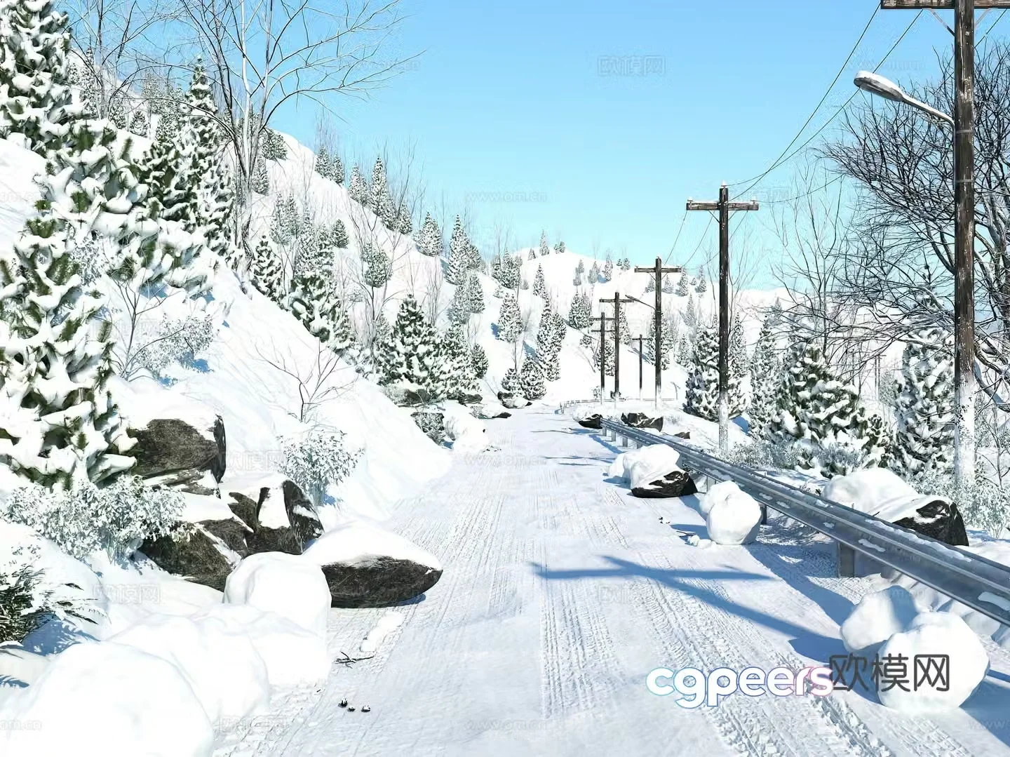 Winter snow scene snow stones snow trees snow snow pavement 3D model