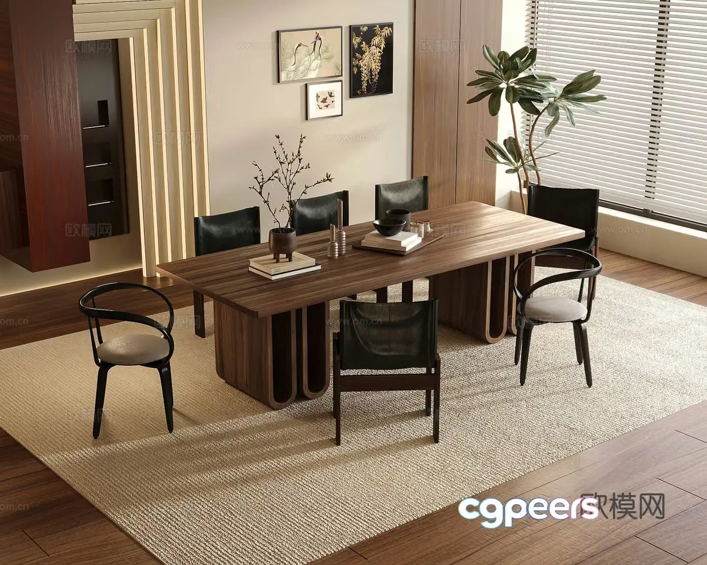 Medium style restaurant cicada solid wood dining table and chair combination 3D model