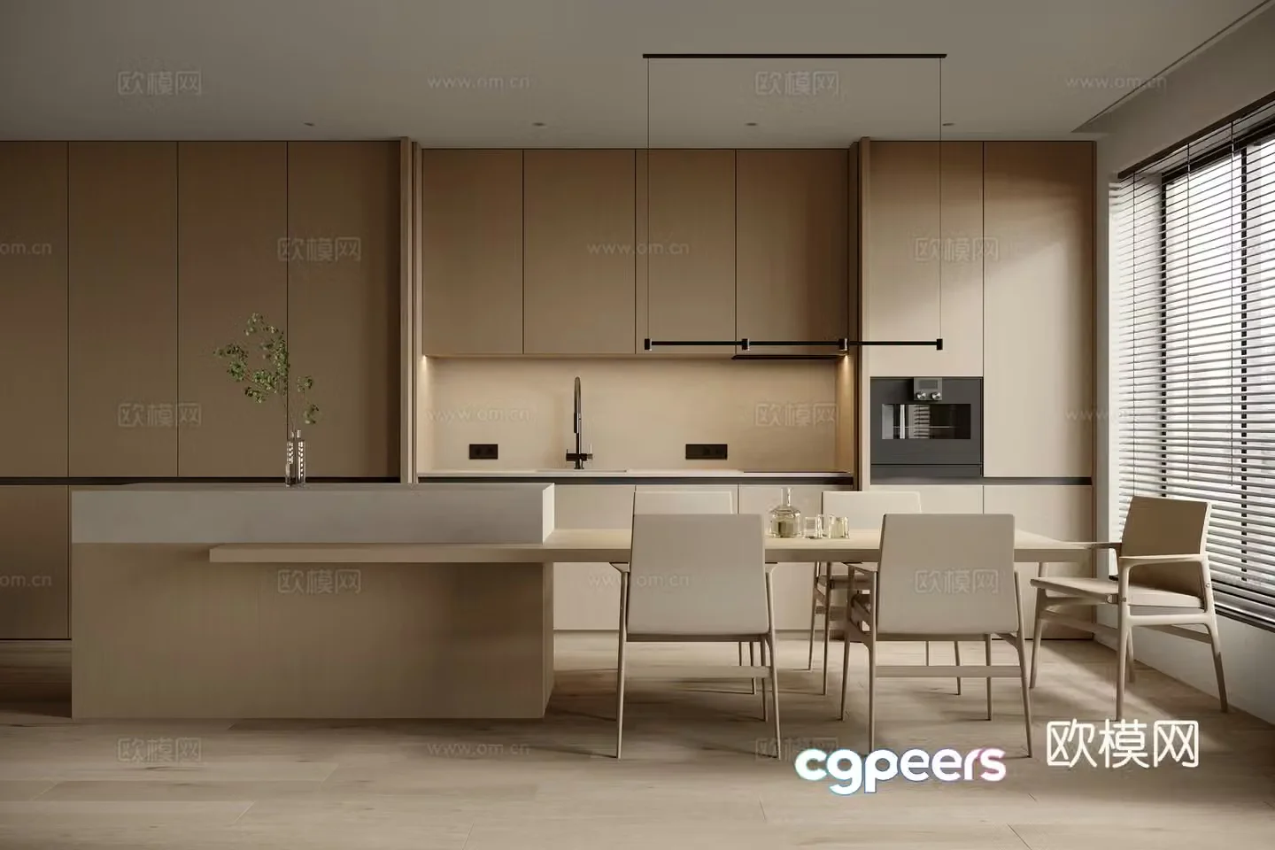 Modern open kitchen dining room cabinet dining table chair chandeliers dining table dining chair island kitchen 3d model