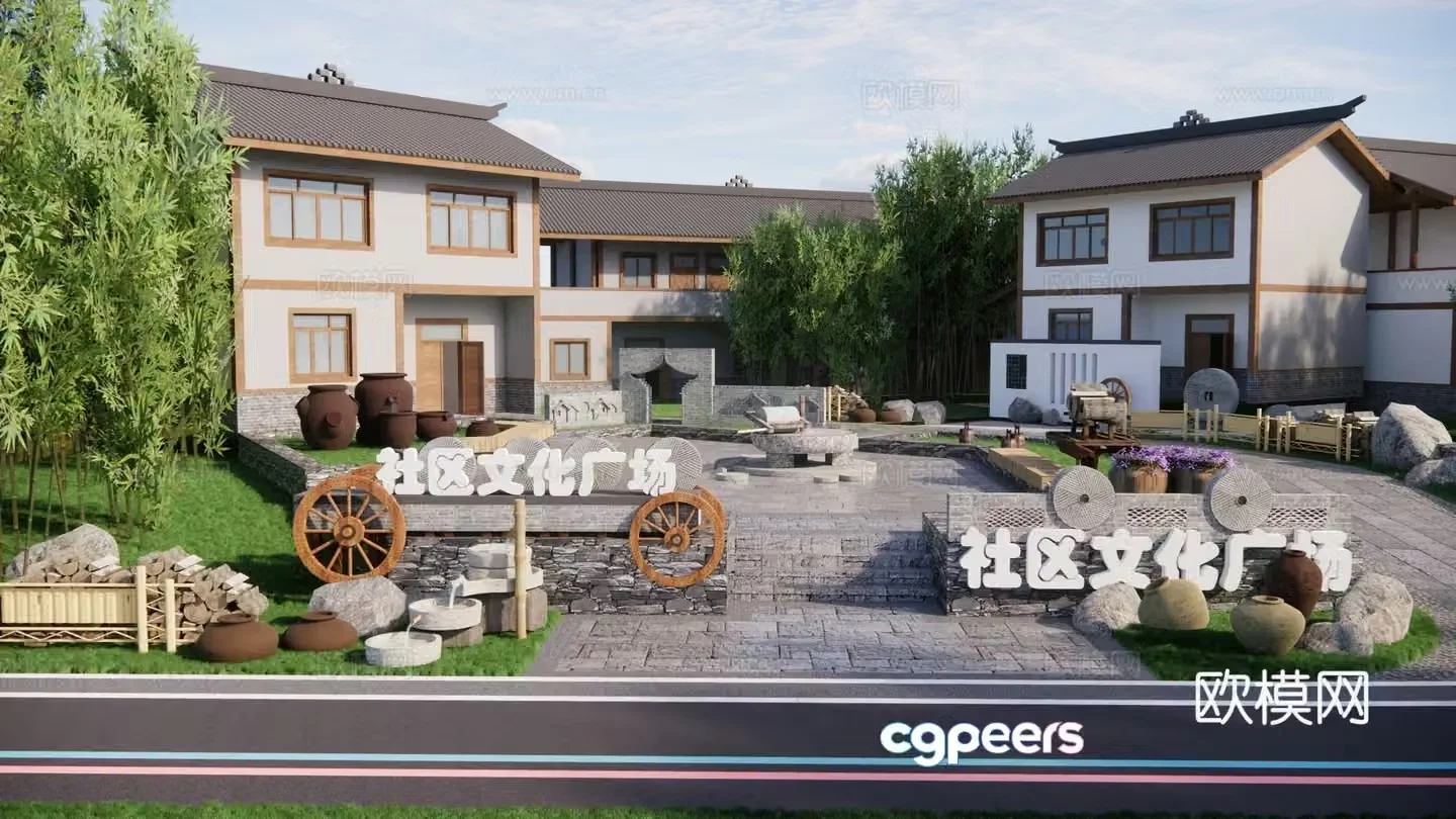 Modern beautiful rural square landscape Community activity square Rural culture construction 3D model in fitness exercise
