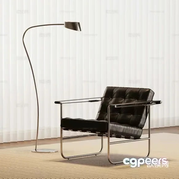Modern Black Leather Chair And Silver Floor Lamp 3D Model – 6782 – VRAY Render