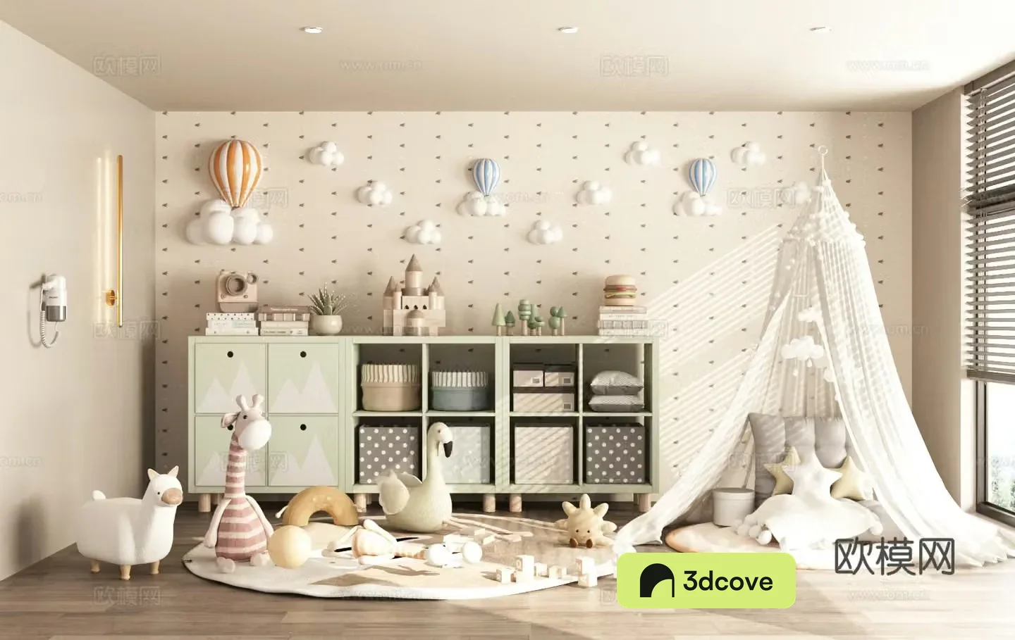 Modern children’s room Children’s entertainment room Children’s toy room Toy storage cabinet