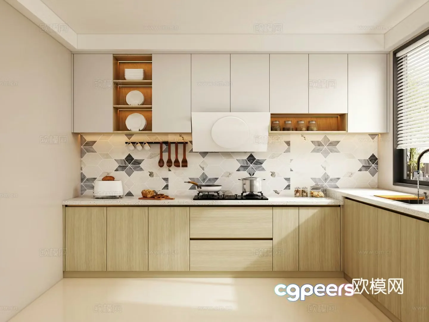 Modern log style kitchen L-shaped kitchen enclosed cabinet kitchen supplies 3d model