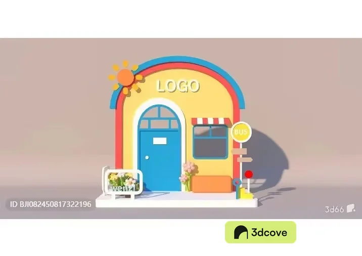 A Cartoon Building With A Blue Door And A Sign That Says Logo