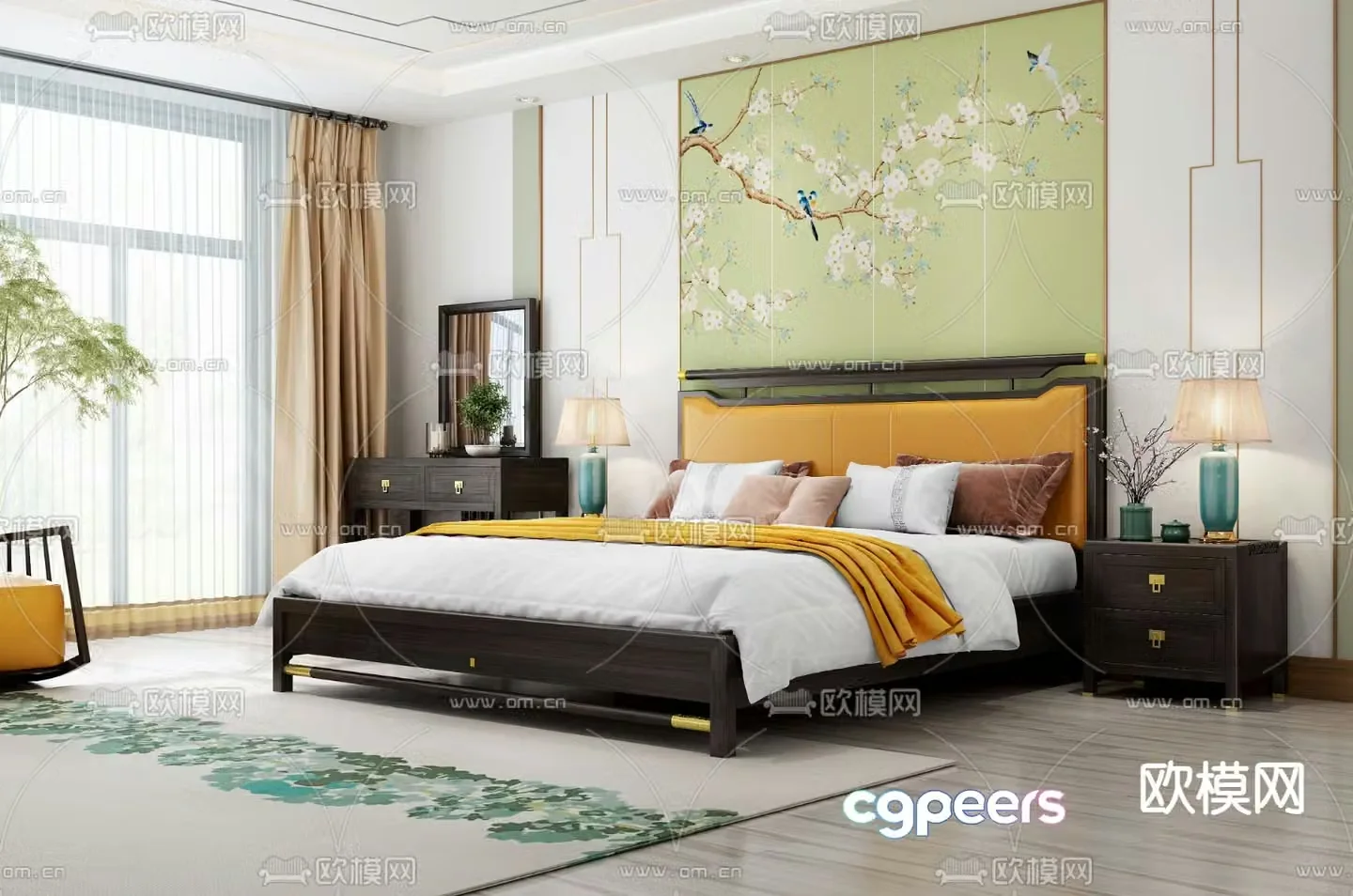 Chinese double bed solid wood bed 3d model