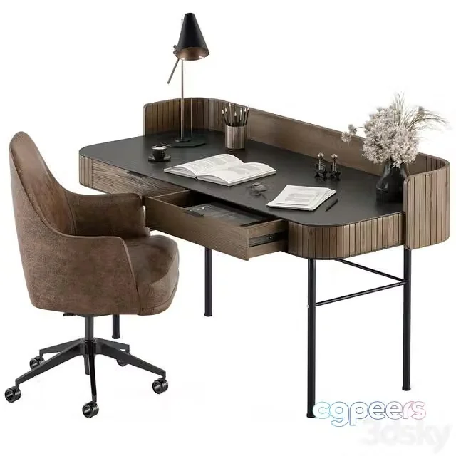 3ds Max Free – Home Office Wood and Black Table – Office Furniture 292