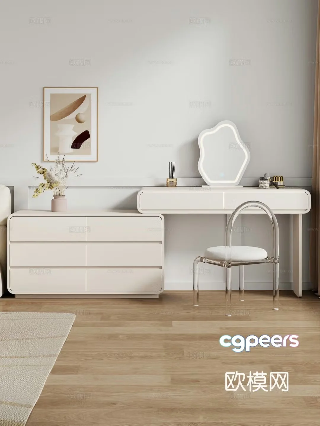 Cream style dressing table makeup stool combination dressing table makeup stool mirror decoration hanging painting 3D model
