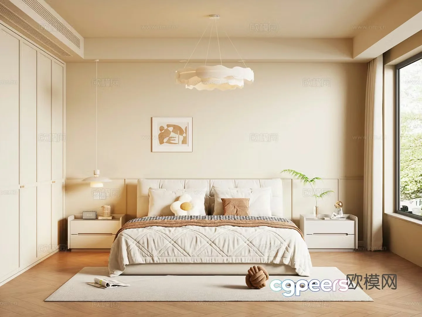 Modern creamy bedroom 3d model