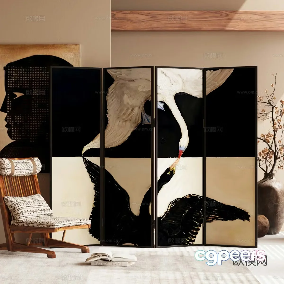 Middle style folding screen reclining chair 3d model