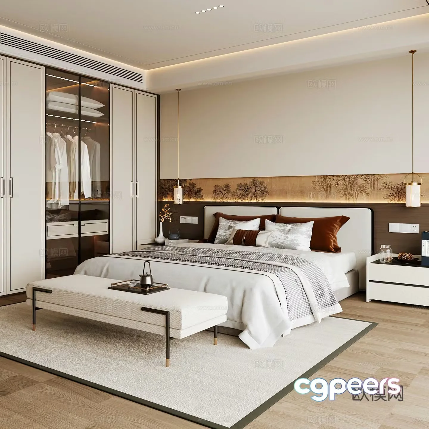 New Chinese style home bedroom Song family aesthetic bedroom Song style bedroom New Chinese style double bed New Chinese 3D model