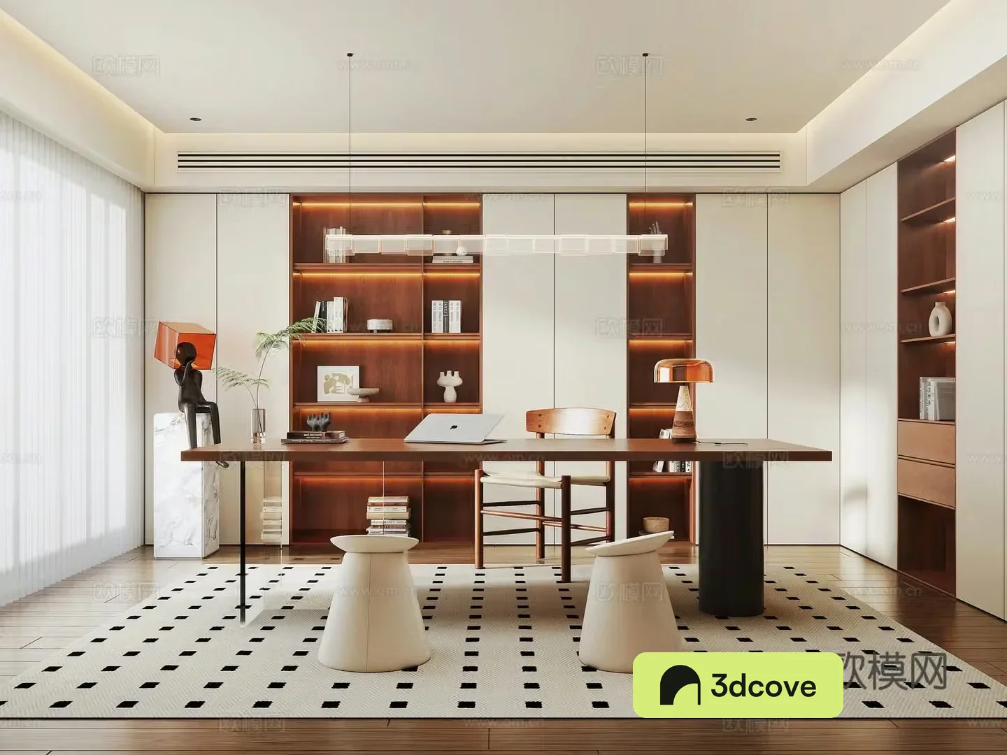 Modern medieval style study modern bookcase desk chair leather stool study chandelier character