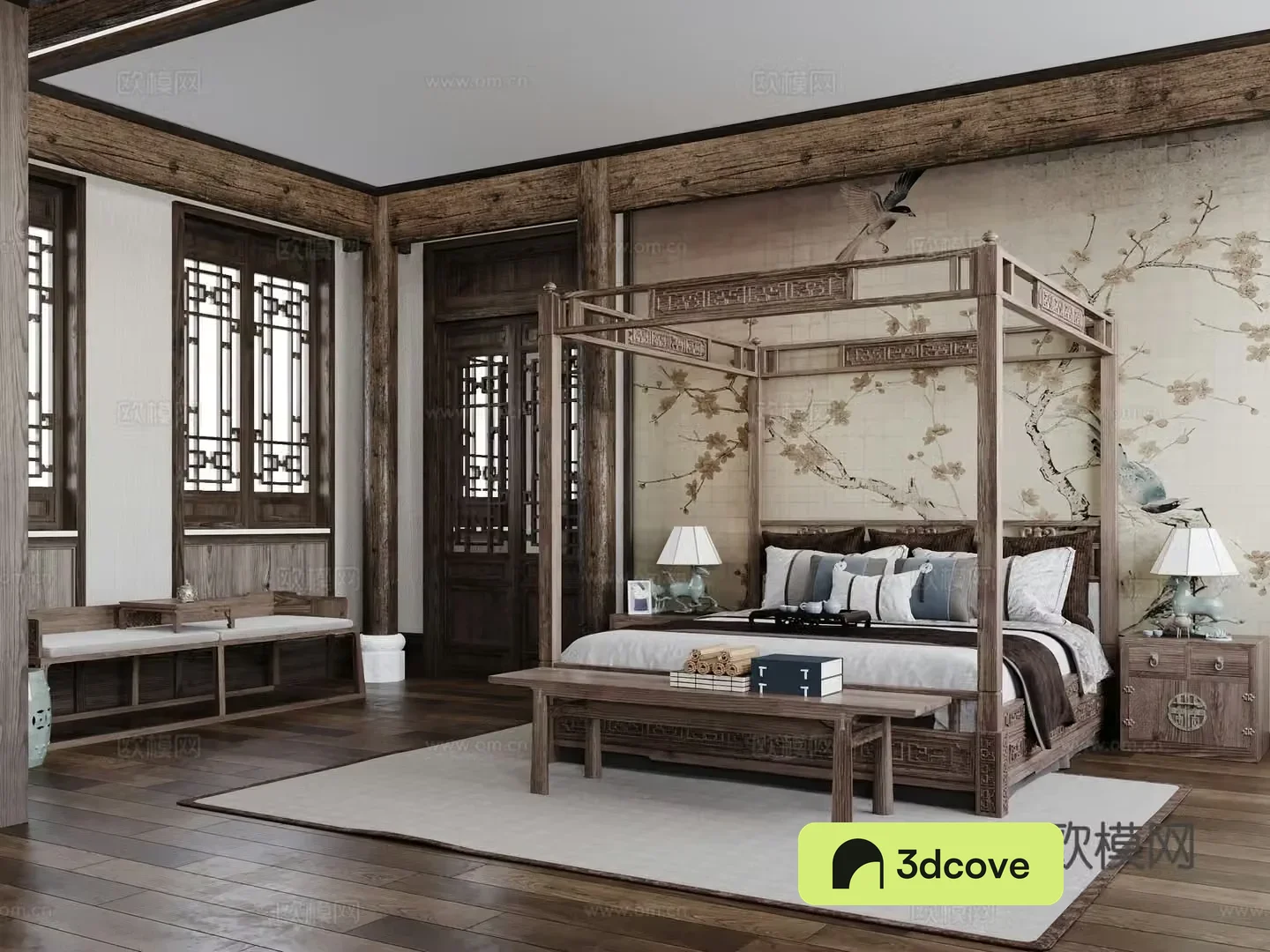 Chinese style bedroom master bedroom bed retro bed nightstand wall decoration door pedal multi-person sofa