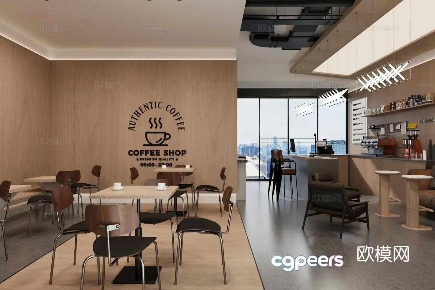 Log wood style milk tea shop cafe 3d model