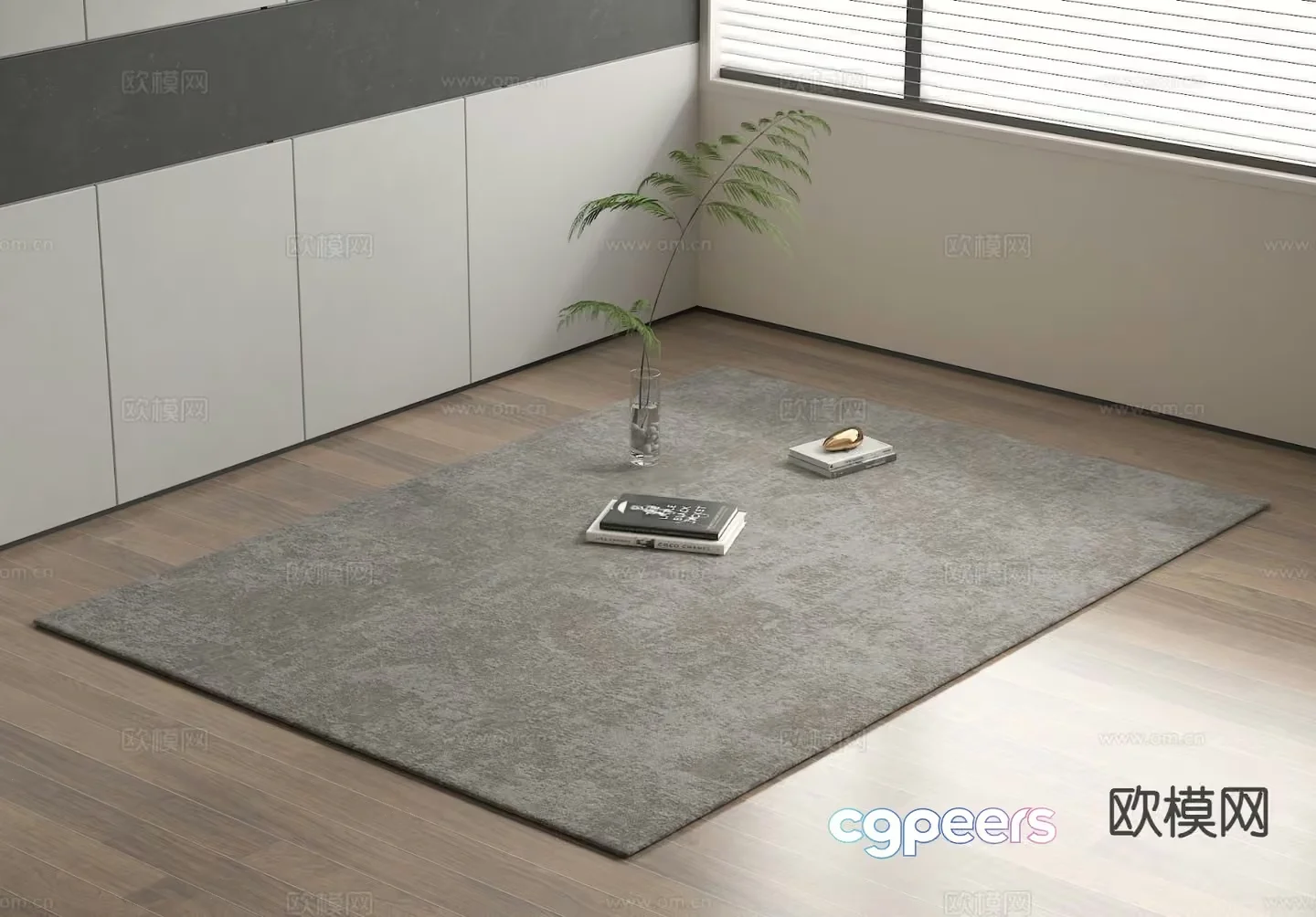 A Grey Rug With Books And A Plant On It 3D Model – 3733 – VRAY Render