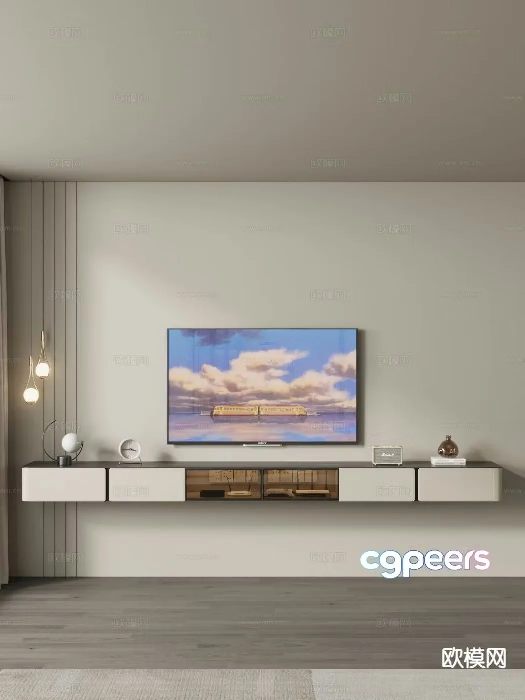Cream style TV cabinet Suspended TV cabinet 3D model