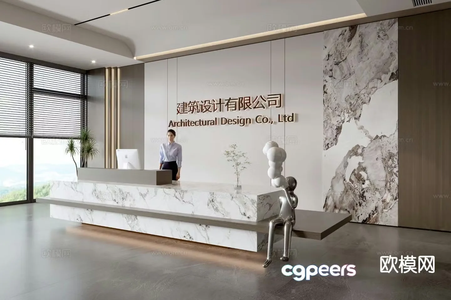 Modern company front desk reception desk corporate wall 3d model