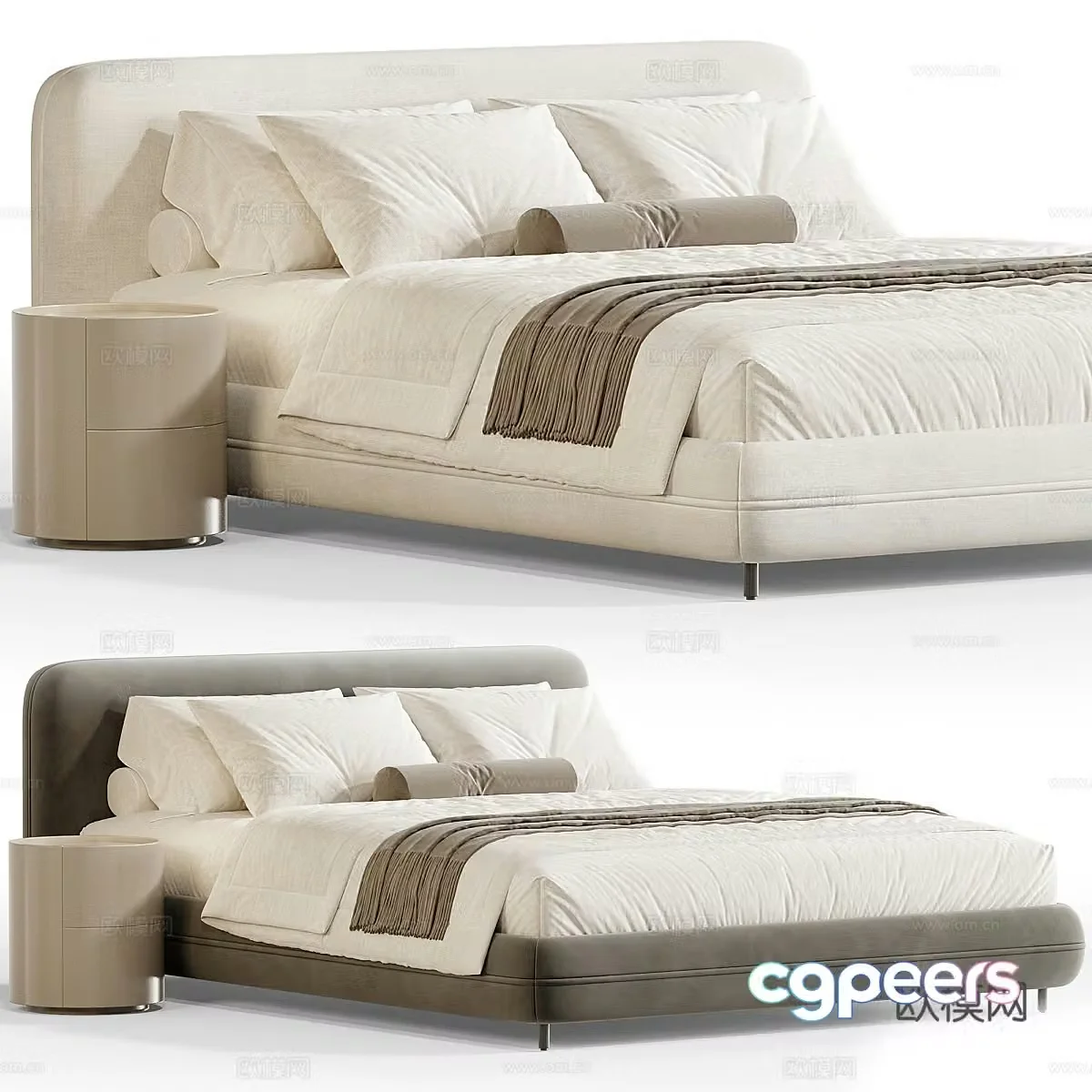 Modern cream style fabric double bed 3d model