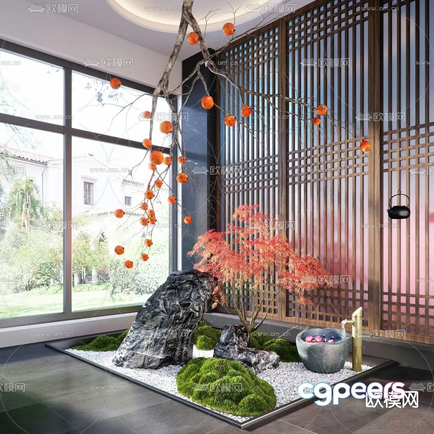 Indoor landscaping persimmon tree red maple sketch 3d model