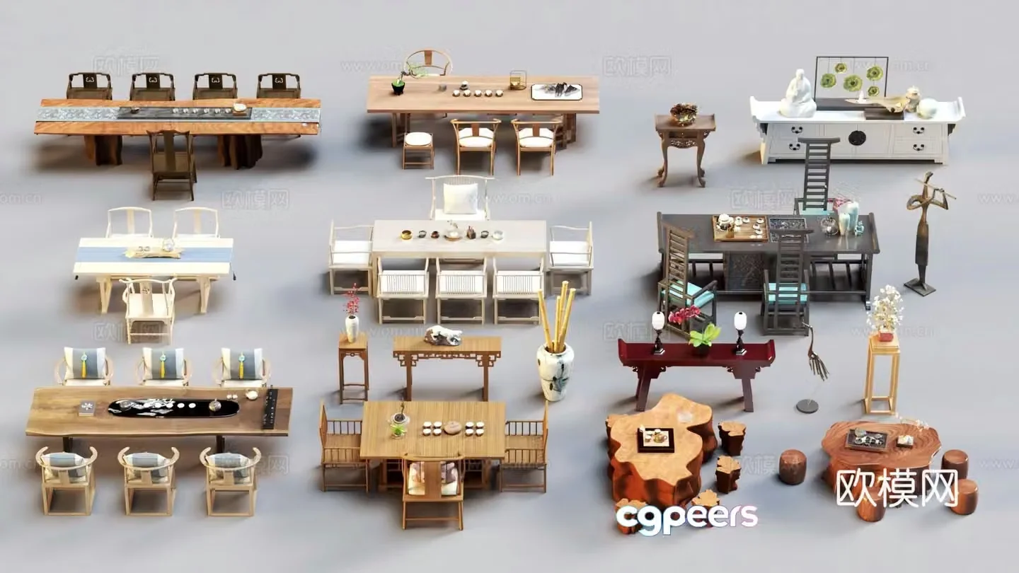 New Chinese tea table and chairs 3d model
