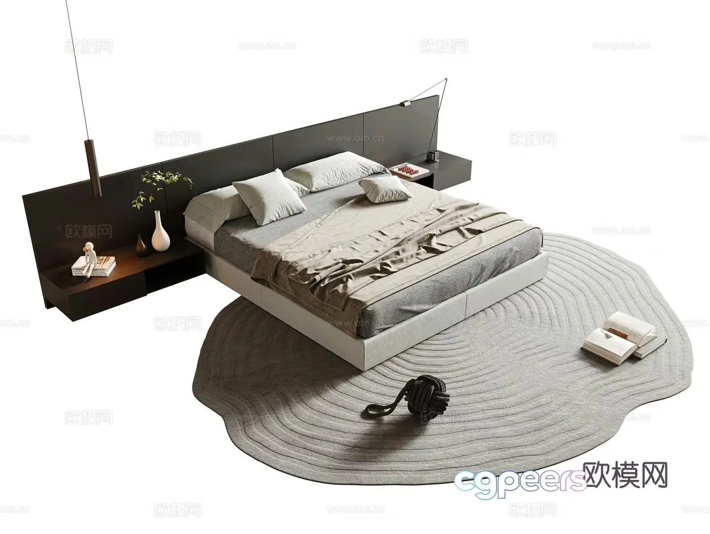 Modern minimalist double bed fabric double bed master bedroom double bed bed head back panel hanging bedside table 3D model