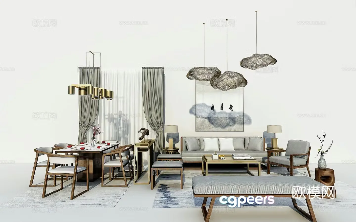 New Chinese style living and dining room sofa single chair side several chandeliers dining table chair collapse carpet hanging painting curtain decoration combination 3D model
