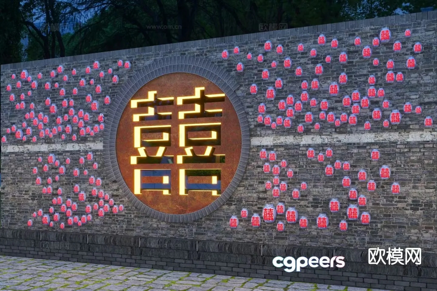 Chinese style ancient town double happiness theme landscape wall 3D model