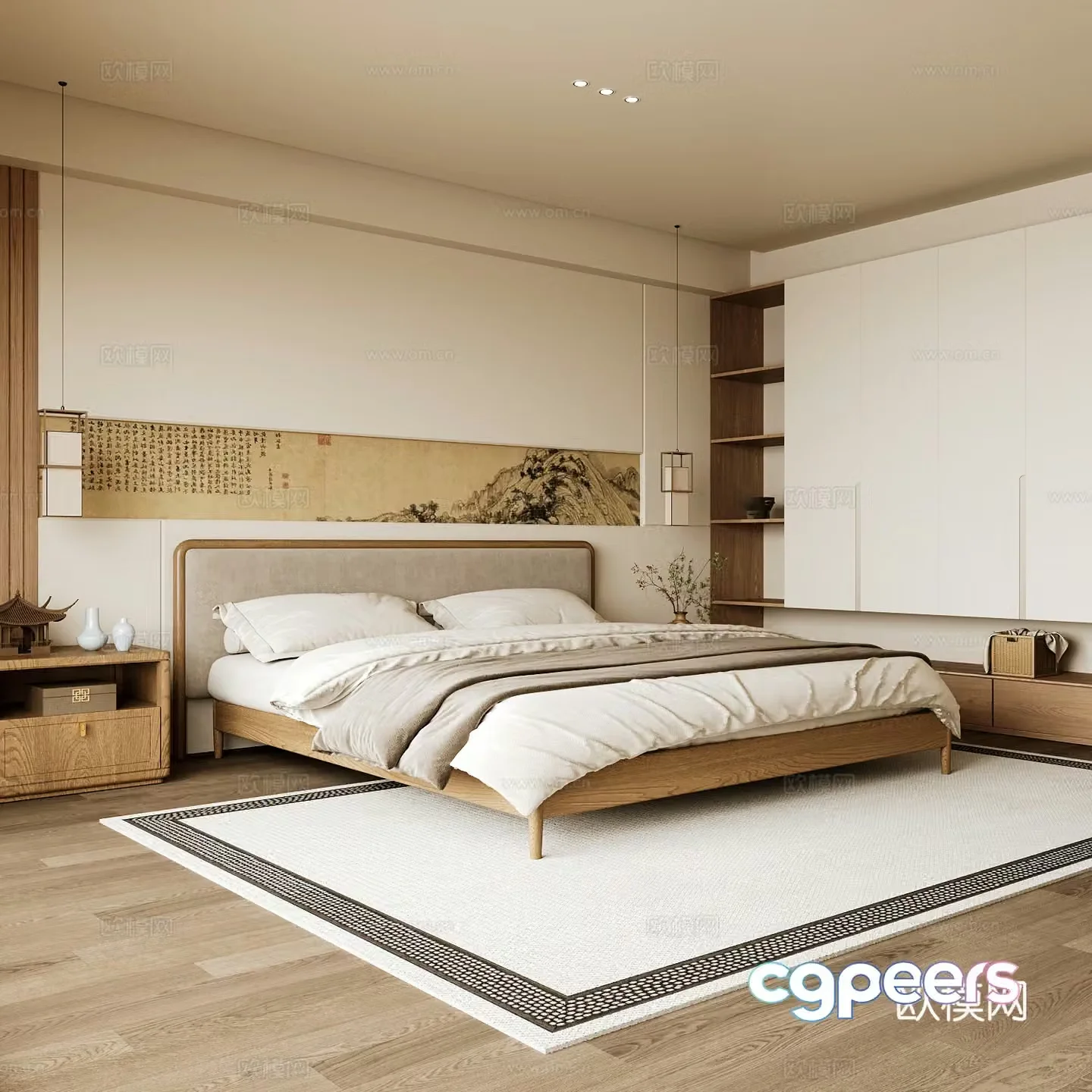 New Chinese style home bedroom Song family aesthetic bedroom Song style bedroom New Chinese style double bed New Chinese 3D model