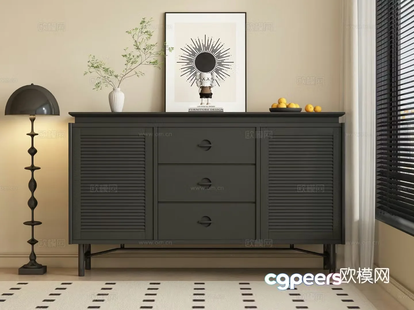 French entrance cabinet side cabinet black wooden cabinet 3D model
