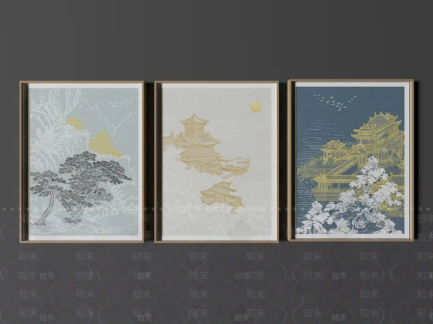 Three Framed Pictures Of Asian-Inspired Artwork 3D Model – 2039 – VRAY Render