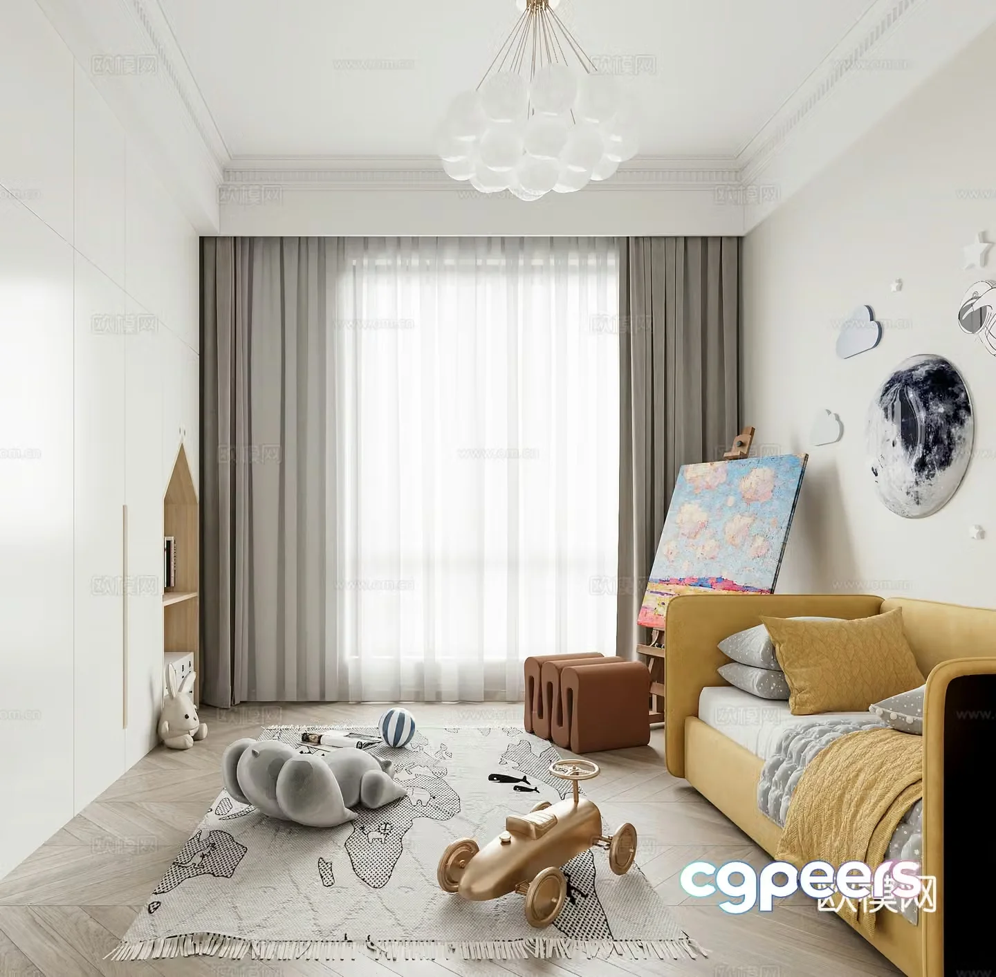Modern children’s entertainment room sofa bed painting board children’s play area toys chandeliers 3d model