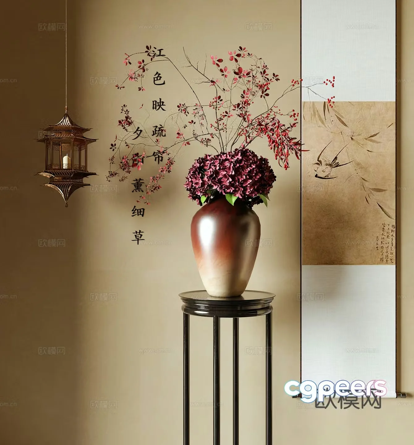New Chinese style vase flower art flower arrangement painting chandelier 3D model