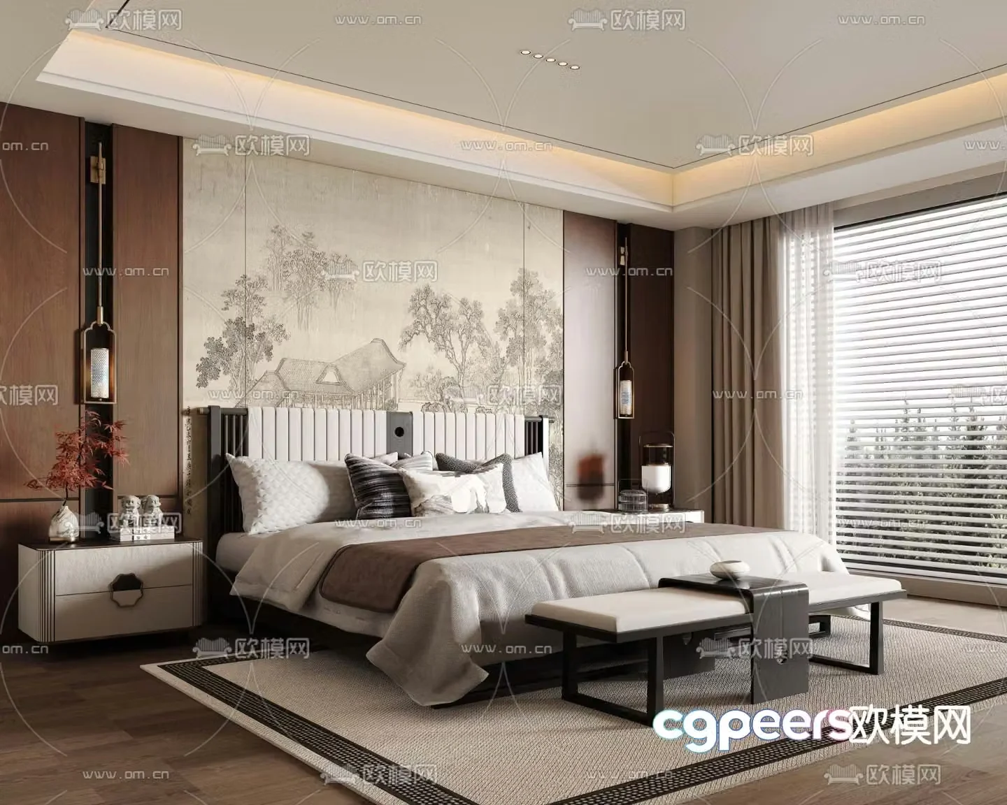 New Chinese style double bed 3d model