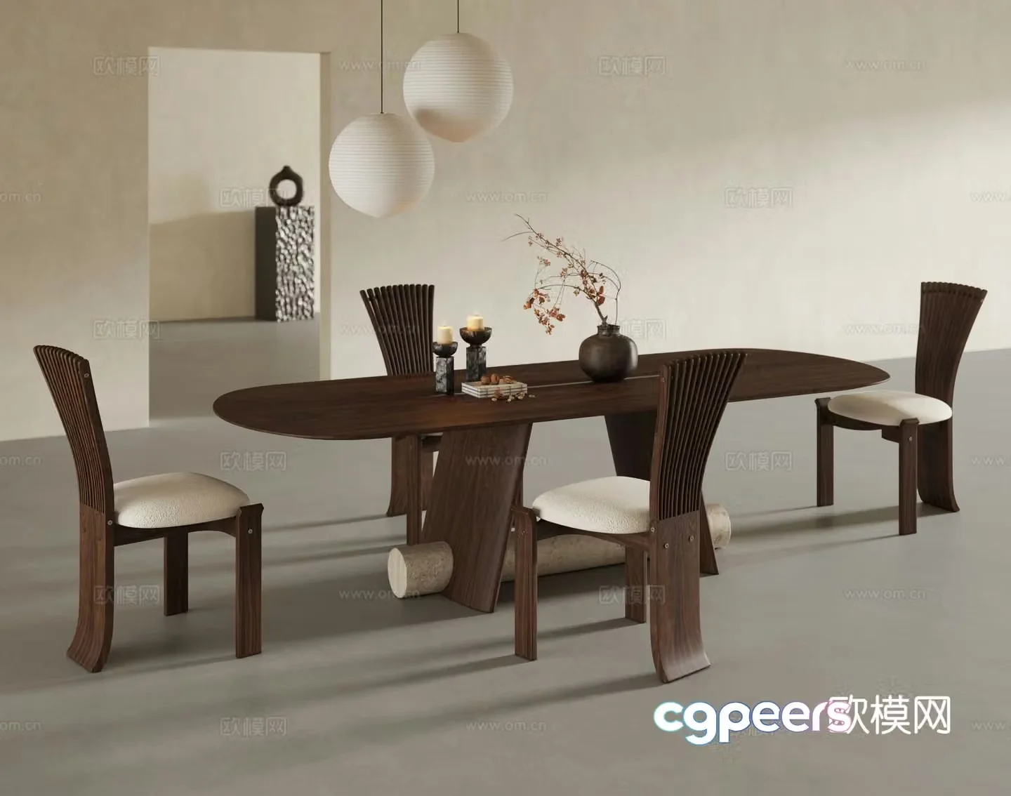 Wabi-sabi style solid wood dining table and chairs 3D model