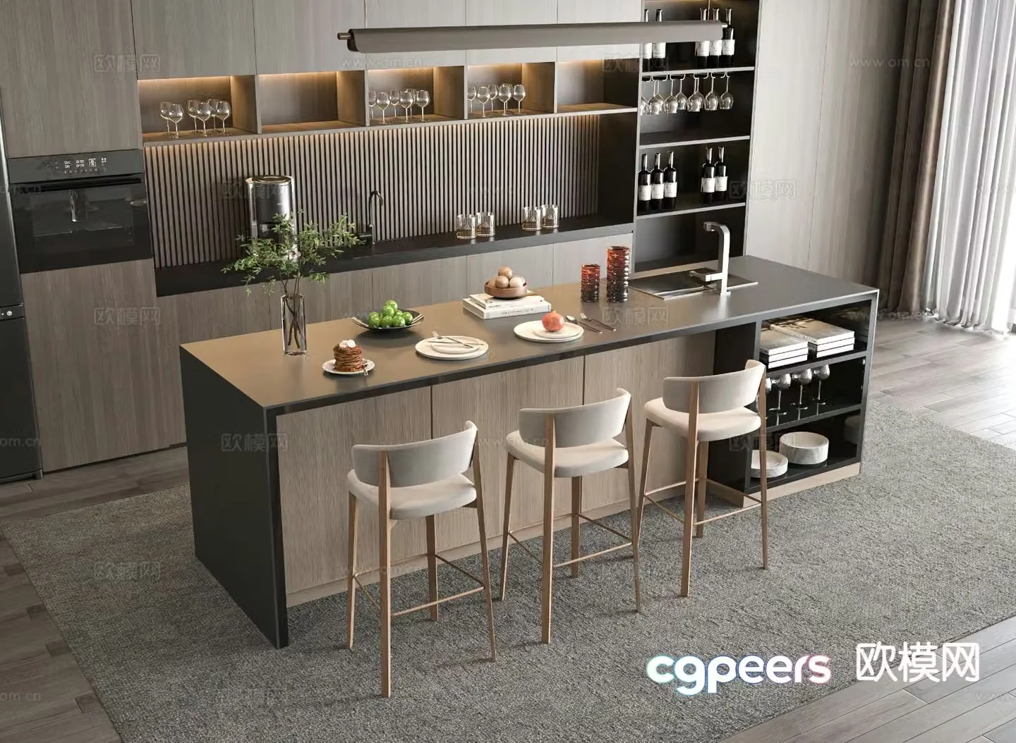 Modern bar counter bar chair island table 3D model