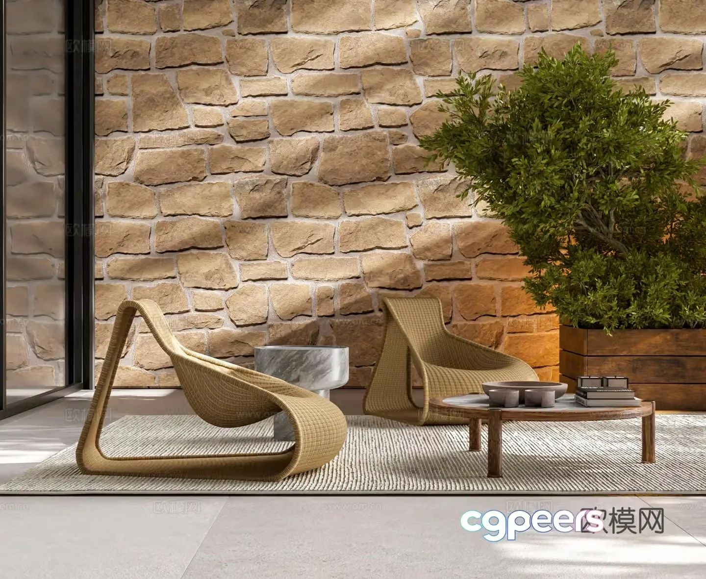 Driade outdoor rattan leisure chair coffee table combination flower bed plant outdoor chair brick wall 3d model