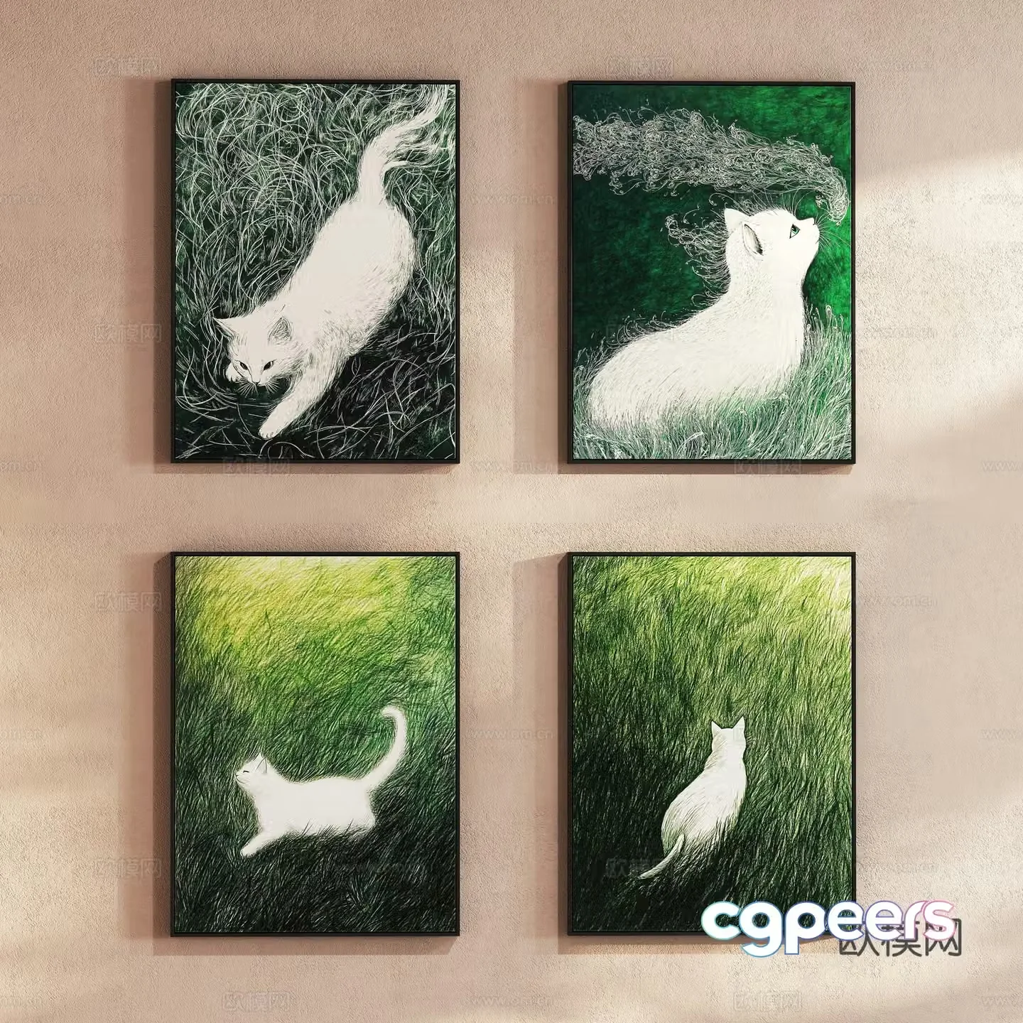 Nordic Cartoon Cat Art Hanging Decorative Painting 3D Model