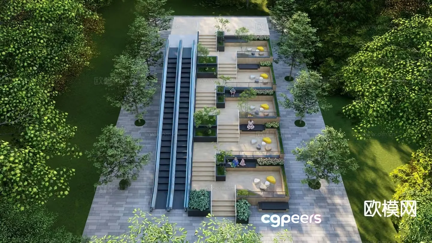Modern steps landscape extra long elevator commercial street sunken steps 3D model