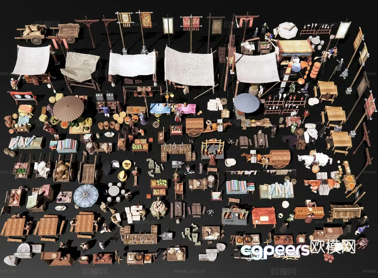 Chinese-style commercial street market sketches ancient style shop vendors Farmers’ market stall shop 3D model