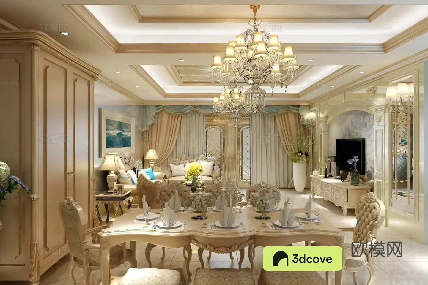 European style living restaurant chandeliers multi-person sofas coffee tables TV cabinets ornaments 3D model of hanging paintings