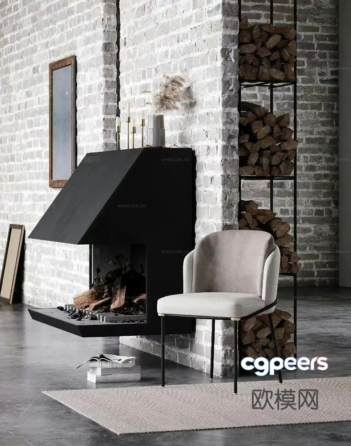 American style fireplace basement firewood room 3d model