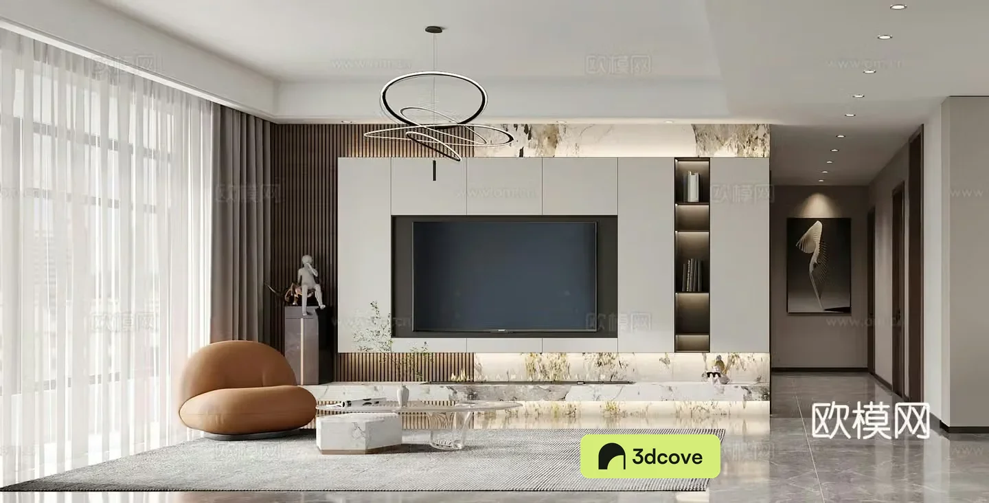 Modern living and dining room TV background wall TV cabinet leisure chair wine cabinet dining table modern light luxury