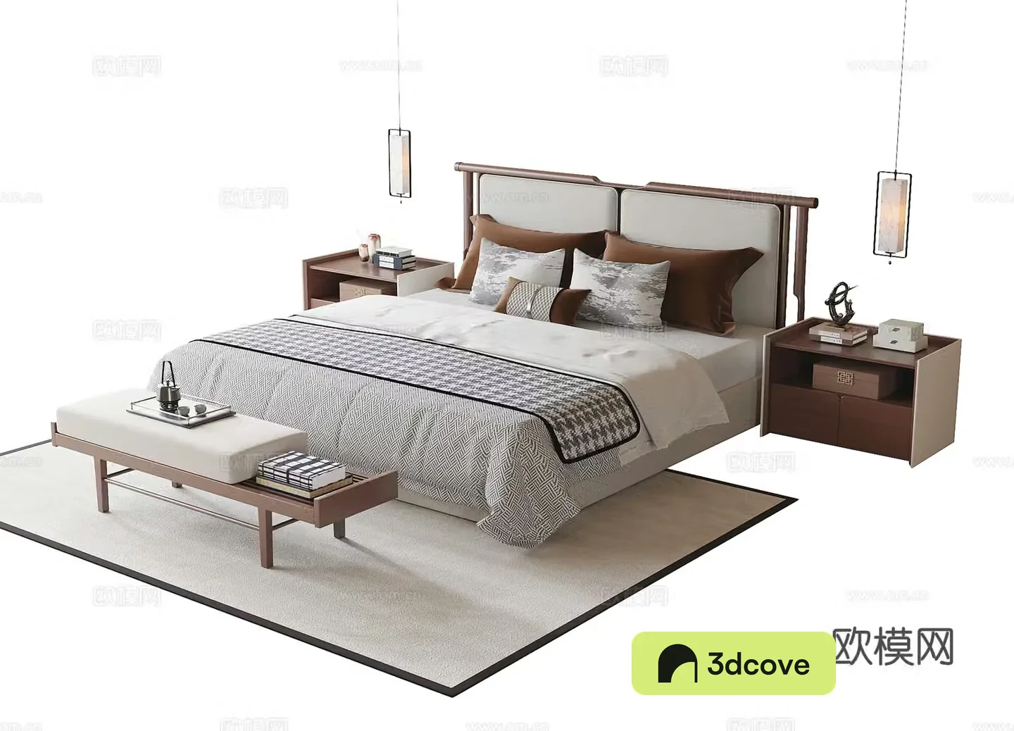New Chinese style double bed nightstand bed tail stool bed head chandelier