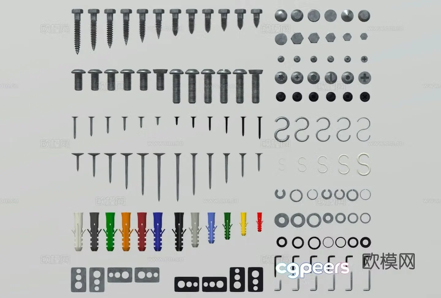 Modern hardware nails bolts nuts screws 3d model