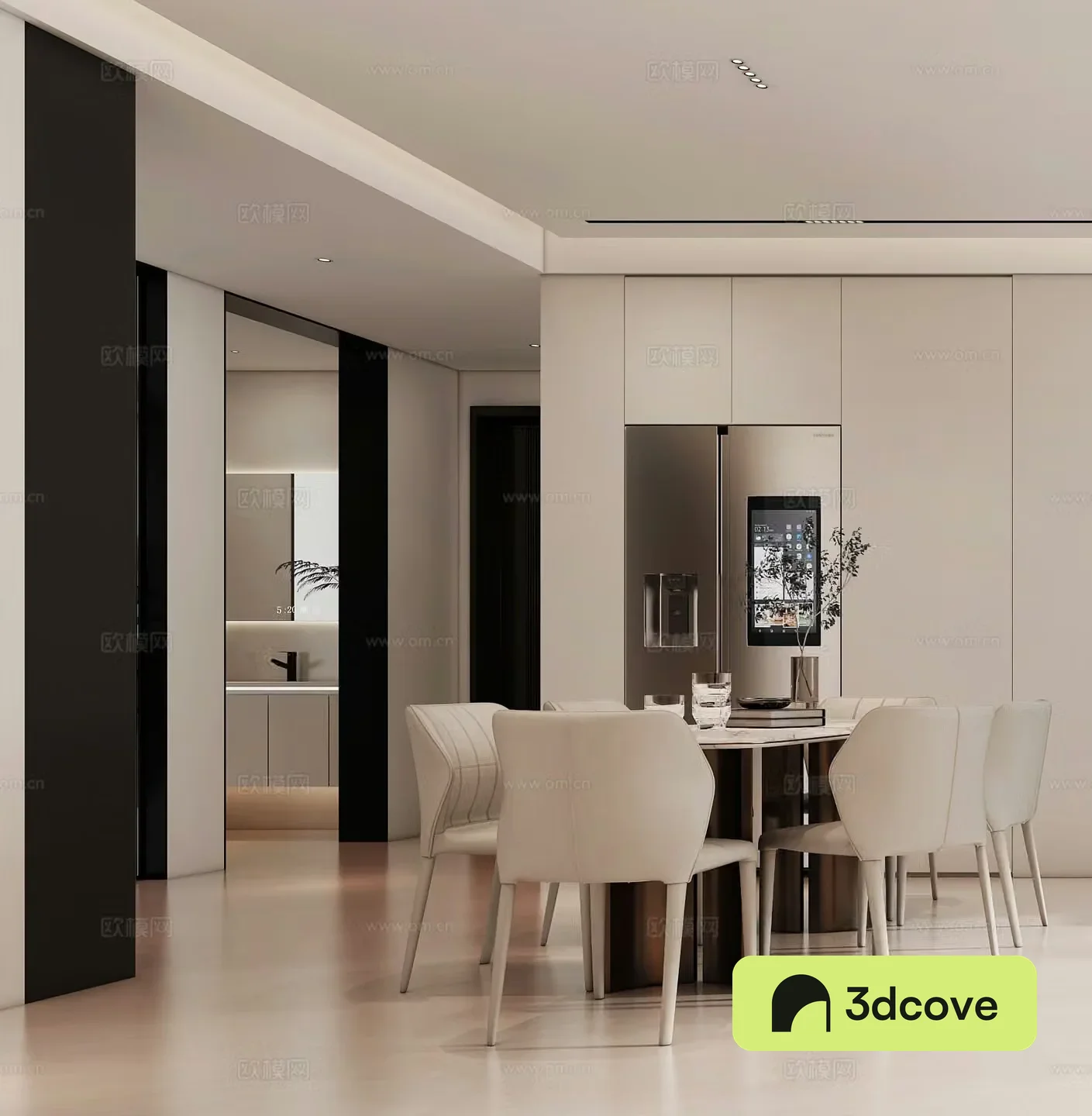 Modern restaurant Creamy restaurant Modern living restaurant Simple dining table Refrigerator Washing table