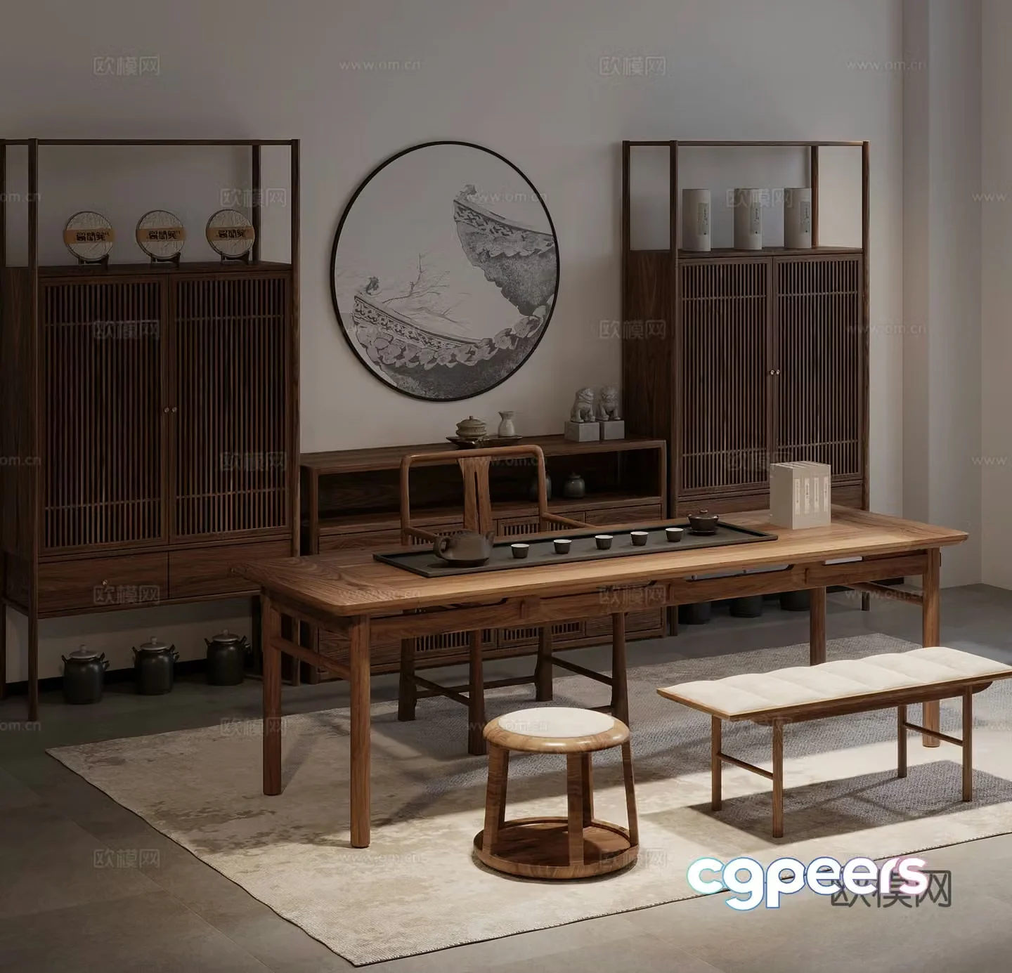 New Chinese-style tea room tea table and chair Bo Gu shelf 3D model