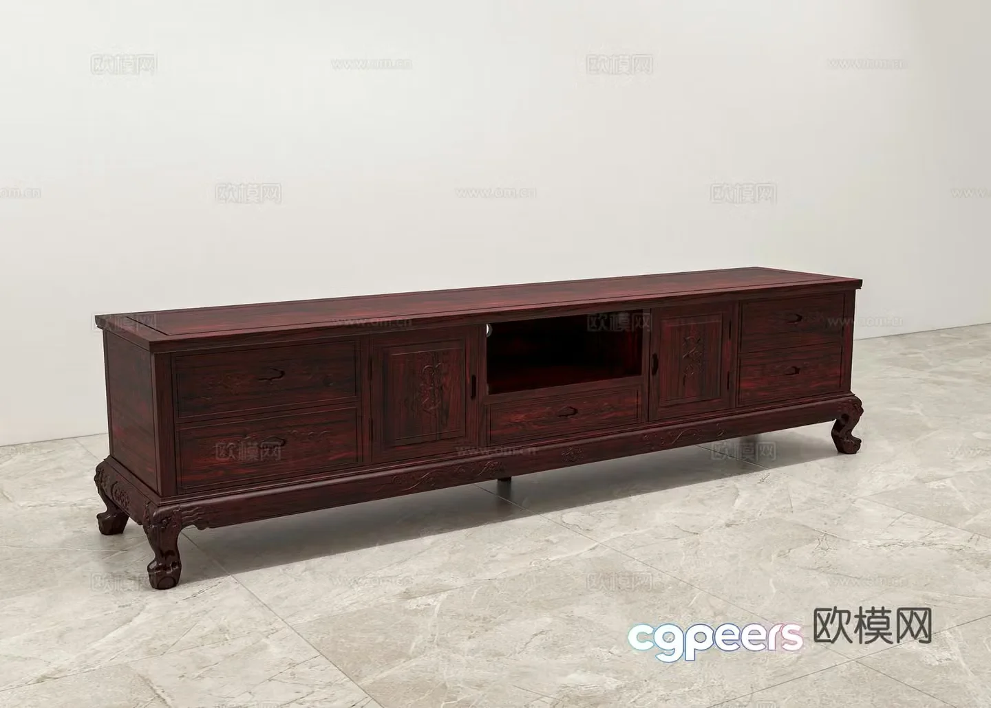 Chinese living room TV cabinet carved shape clasped hands solid wood mahogany 3D model
