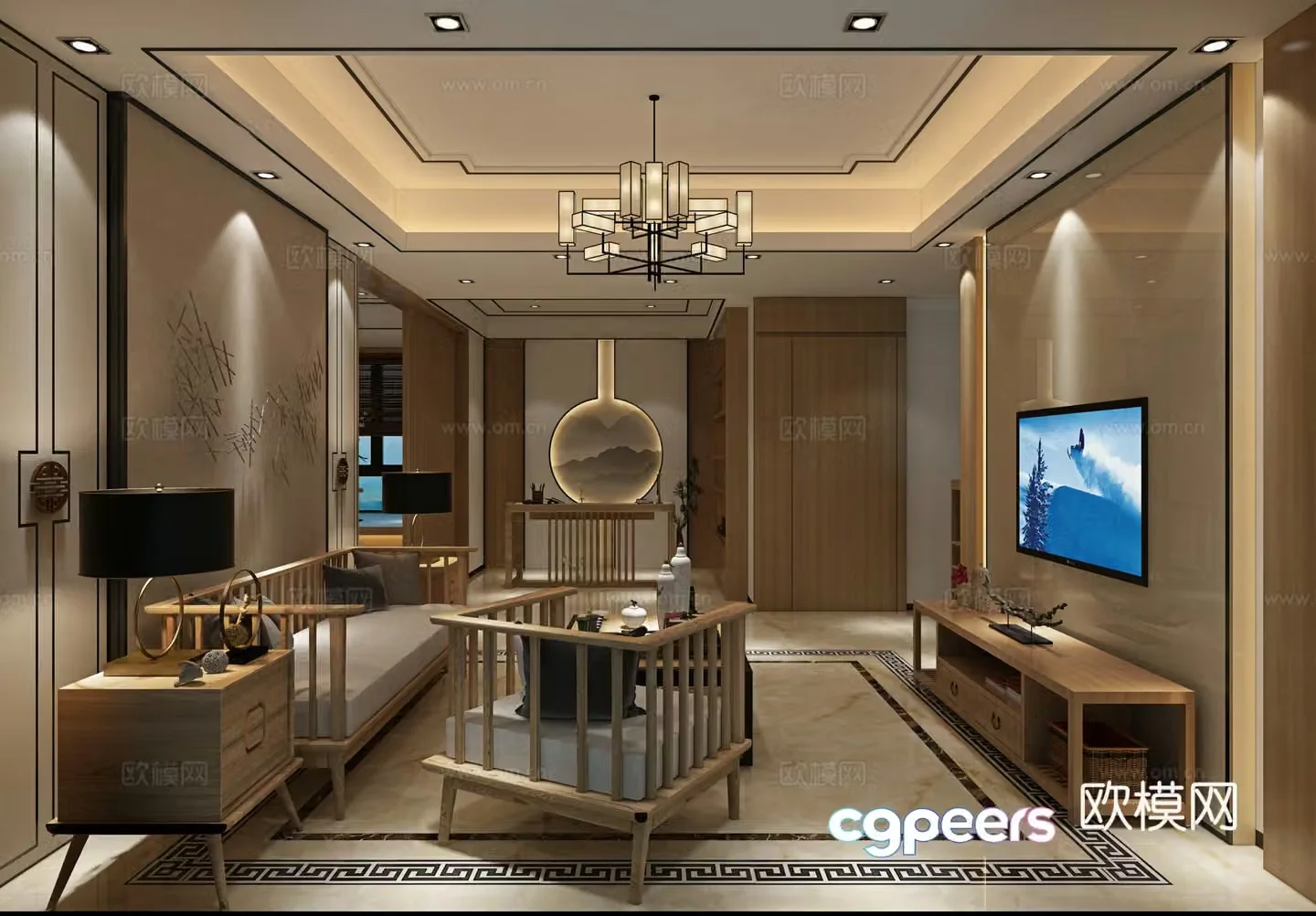New Chinese style living and dining room tea room sofa and coffee table chandeliers paintings TV cabinets ornaments dining tables and chairs 3D models