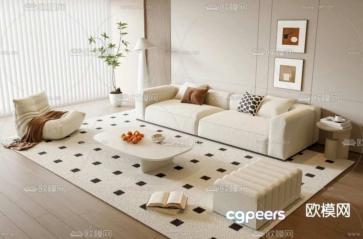 Cream style sofa and coffee table combination 3D model